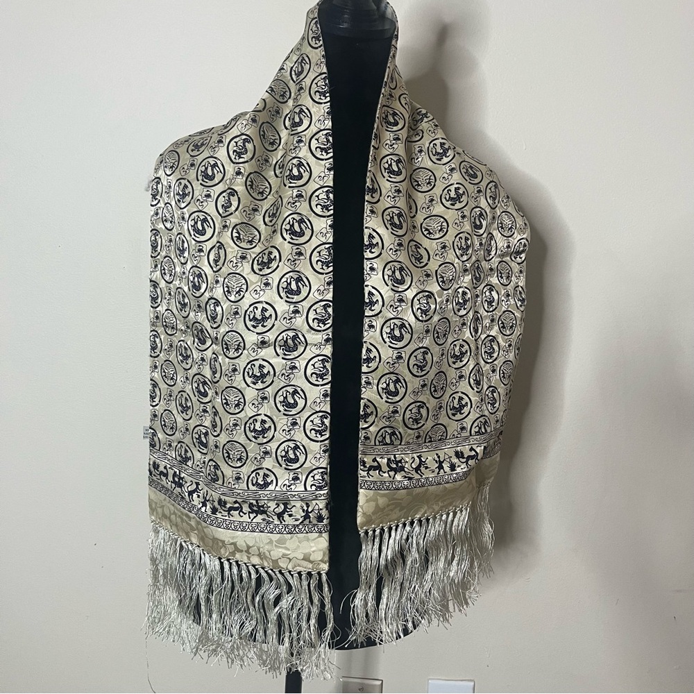 Women’s Echarpe Laine Et Soie Luxury Silk/Wool Double Sided Tassel Scarf 49.5” - Picture 2 of 10